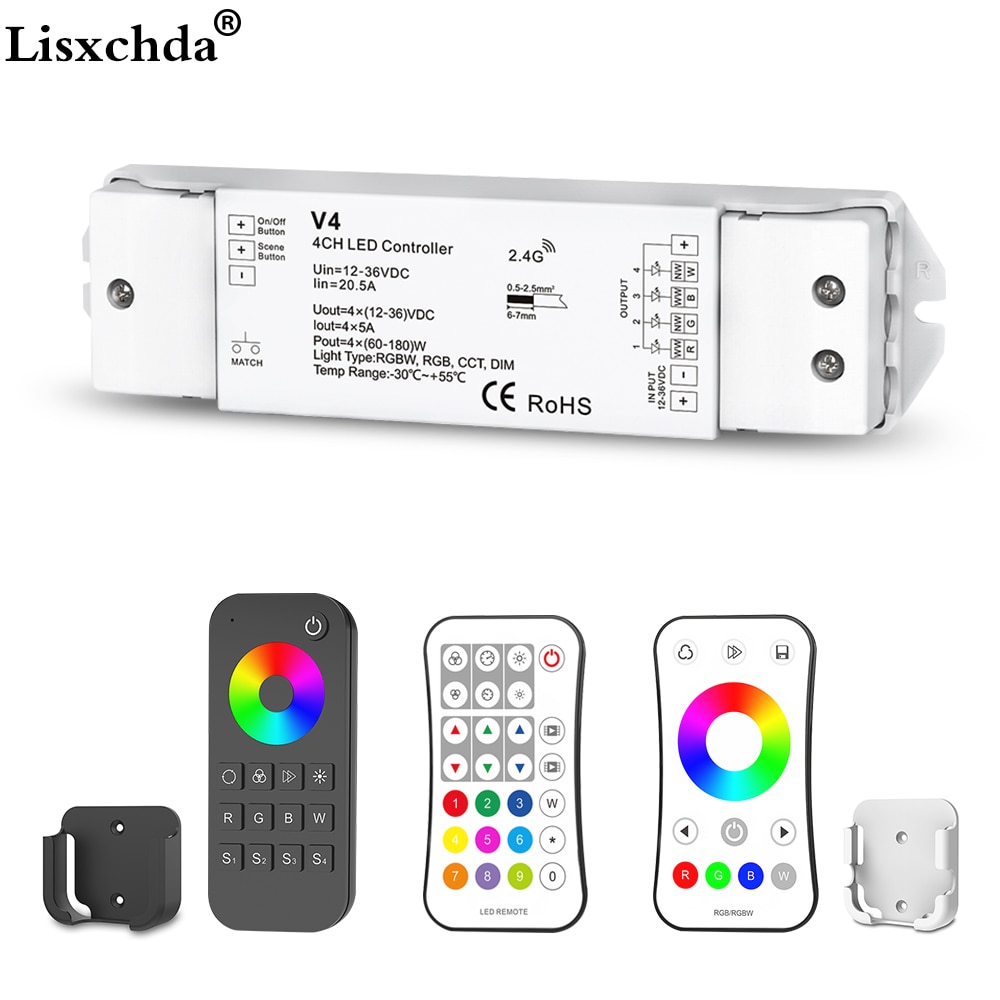 Dimmer 4 Channel LED Strips RGBW Controller V4 with Touch Screen RT4 RGBW Remote Controller RF for DC12V 24V Strips Controller