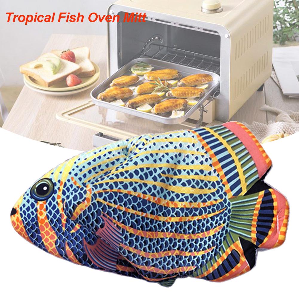 Ovnhandske med tropisk fisk, quiltet bomuldsvarmebestandig 3d dyreovnehandsker anti-skoldningsovn til hjemmekøkken
