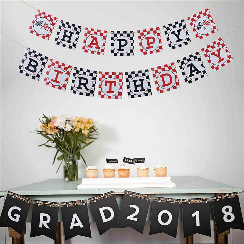 Checkered Racing Flags Banner Garland Party Decoration Letter Bunting Birthday Party Supplies for Car Themed Party