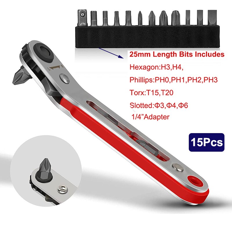 Elbow Head Mini Ratchet Wrench Screwdriver Set 90 Degree Offset Screwdriver Handle 1/4 Inch Drive Right Angle Torque Wrench: 15Pcs