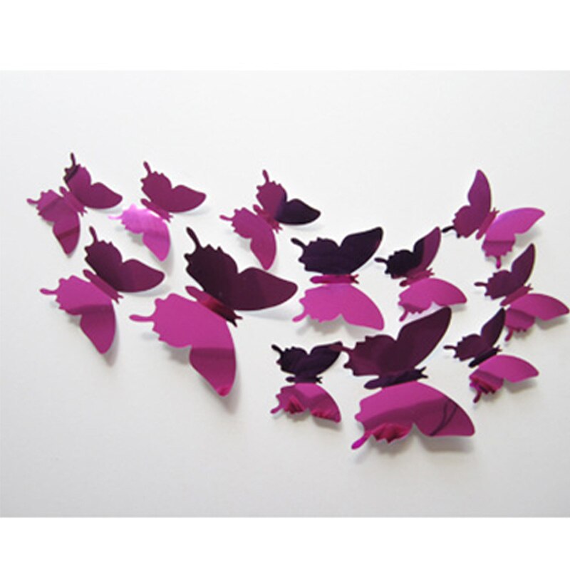 Autocollants muraux 3D ajouré papillon | 12 pièces, accessoires de décoration de maison, miroir décoratif argenté de stéréo: Rose