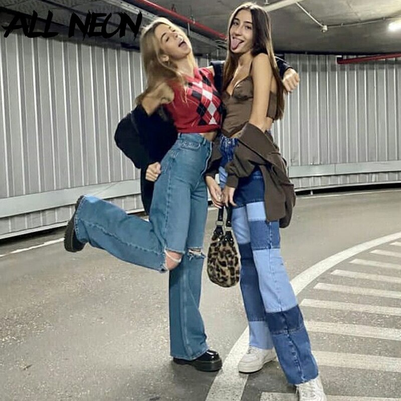 ALLNeon Y2K High Waist Ripped Jeans Vintage E-girl Aesthetics Hole Wide-leg Baggy Pants 90s Streetwear Denim Trousers
