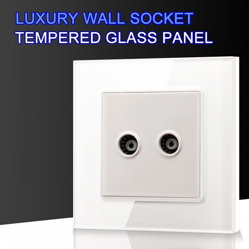 Di lusso doppio antenna TV Presa A Muro Argento placcato il Doppio Coassiale Montaggio A Parete Piastra Frontale di Presa di Uscita di Cristallo Temperato di Vetro