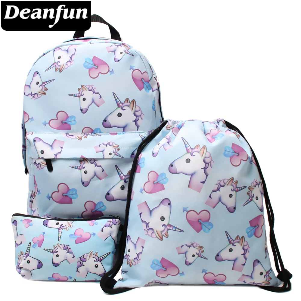 Deanfun 3 pièces/ensemble sac à dos licorne impression mignon épaule cordon cartables filles