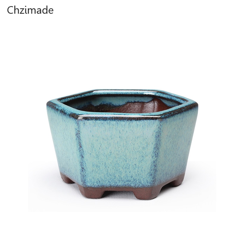 Chzimade hexagon kinesisk keramik bonsai urtepotter til planter glaseret krukkeplanter til boligindretning: Default Title