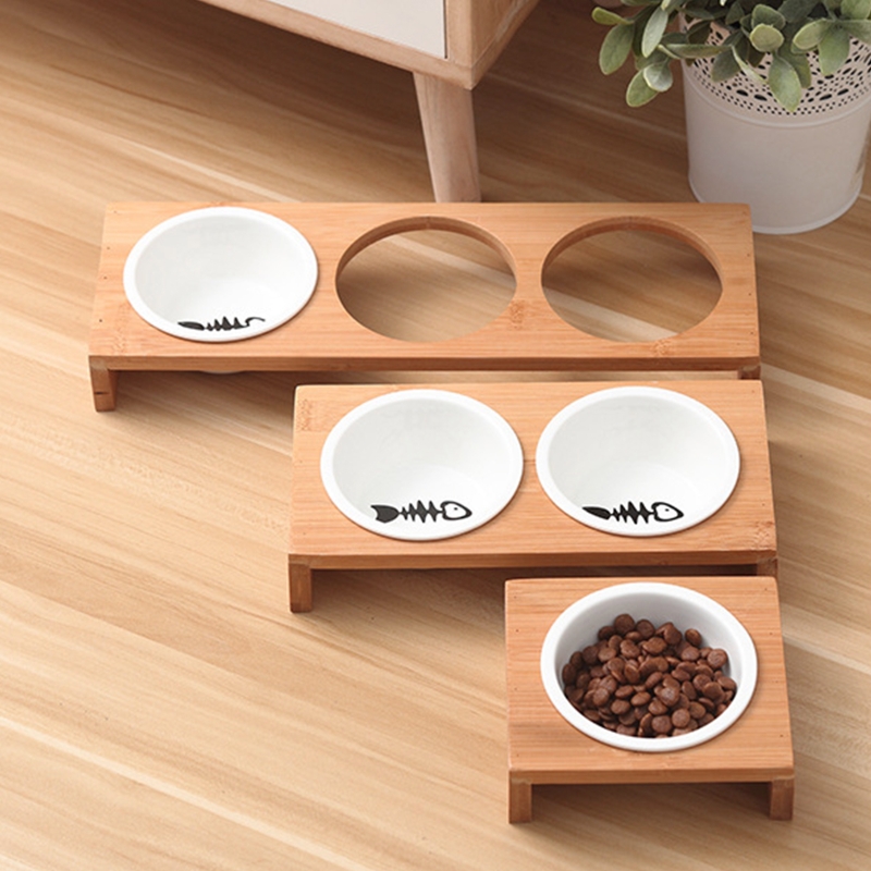 Comederos de cerámica para perros y gatos, cuencos antideslizantes de , vajilla de bambú, cuenco de agua y comida para mascotas