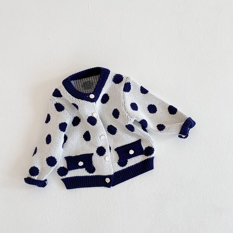 Cardigan à pois bleu marine pour bébé, pull unisexe en coton pour bébé garçon de 3, 6, 9, 12, 18 et 24 mois