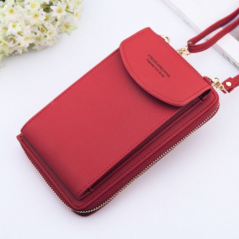 Women PU Leather Shoulder Bag Strap Purses Solid Color Mobile Phone Big Card Holders Wallet Handbag Pockets For Girls: red