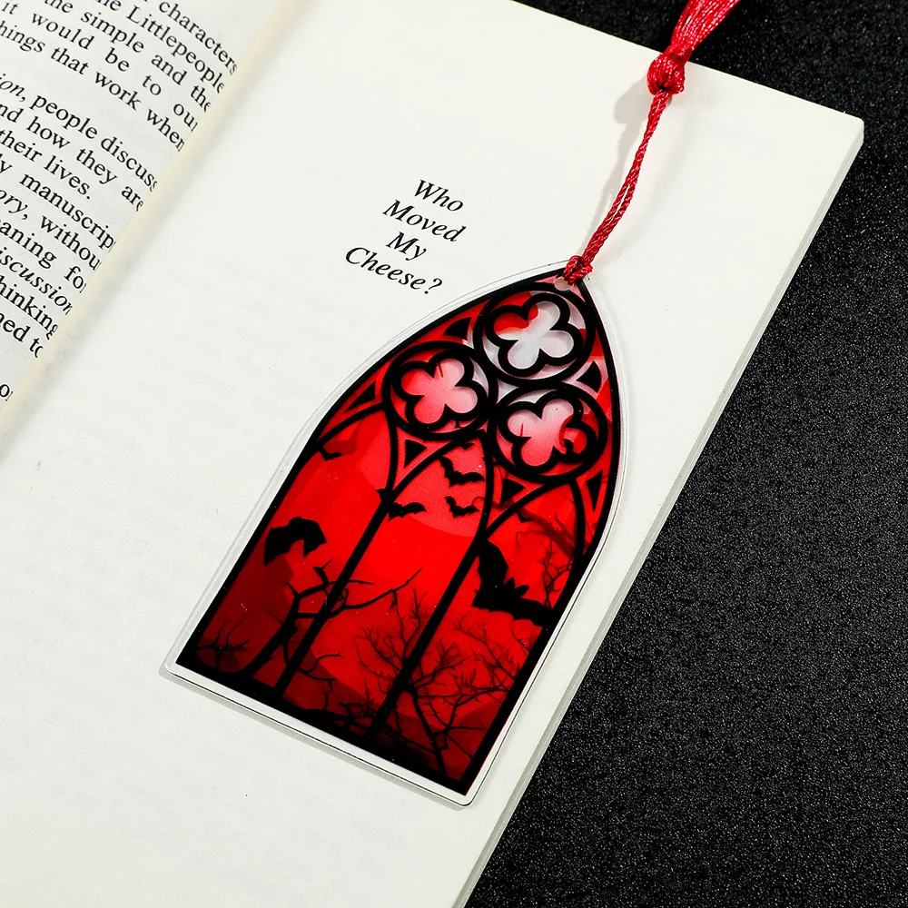 Marcapáginas acrílico de estilo gótico, patrón de ventana de Color sangre, marcapáginas decorativos con borlas, adorno colgante para libro de lectura