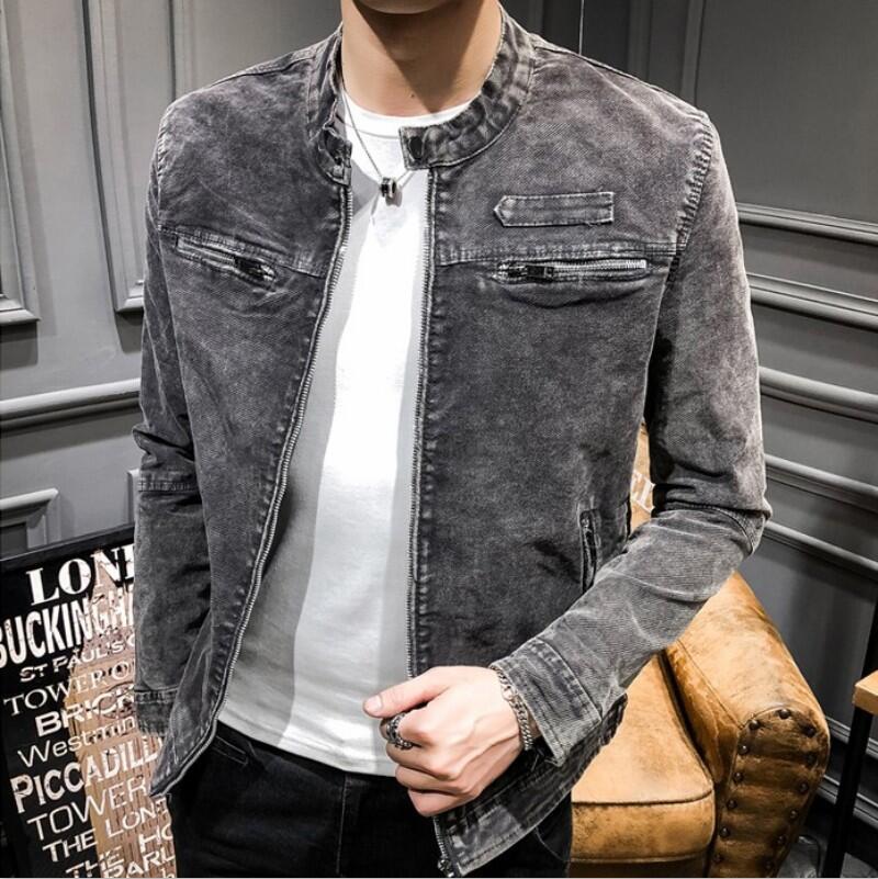 Cotton Men Slim Fit Denim Jacket Casual Stand Collar Long Sleeve Jacket Pocket Zipper Male Coat Plus Size M-3XL: 2 / XL