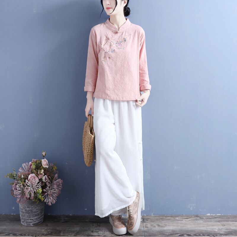 Camisa informal de manga larga para mujer, top de estilo chino tradicional, blusa clásica de cuello mandarín, ropa vintage, qipao para mujer 2022
