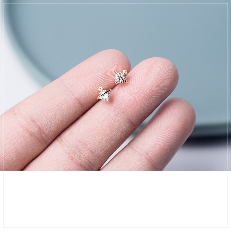 MloveAcc Genuine 100% 925 Sterling Silver Luminous Clear CZ Saturn Stud Earrings Gold Color Women Silver Earrings