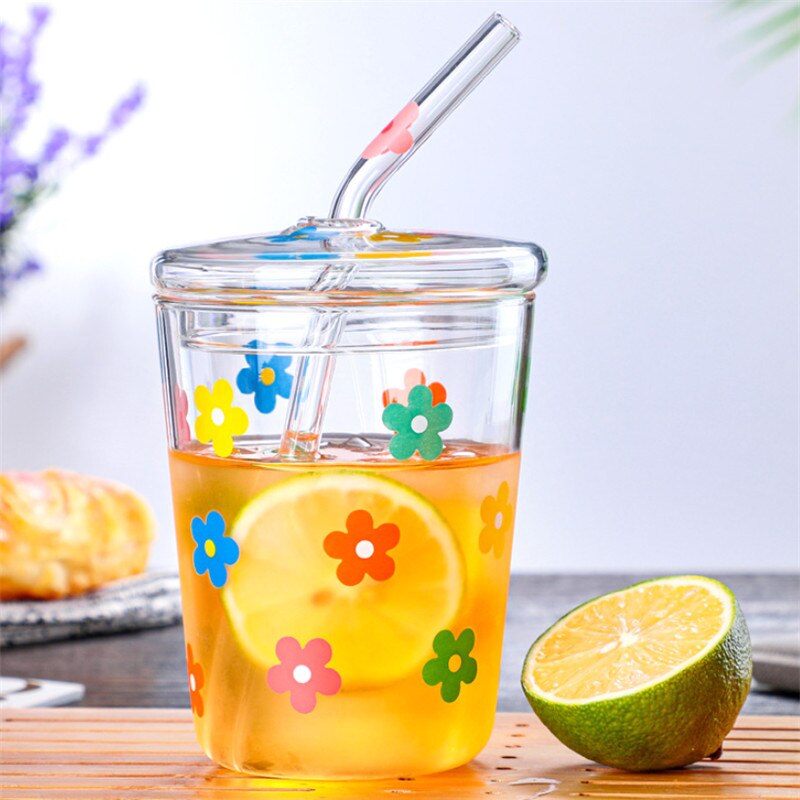 High Borosilicate Glass Colorful Flower Coffee Mug with Straw and Lid Transparent Drinking Milk Tea Cups Drinkware