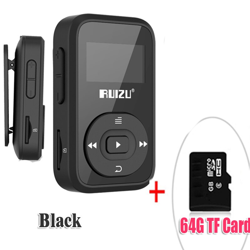 Nuovo arrivo originale RUIZU X26 Sport Bluetooth lettore MP3 8gb Clip Mini con supporto schermo FM, registrazione, E-Book, orologio, contapassi: BlackWith64GBTFcard