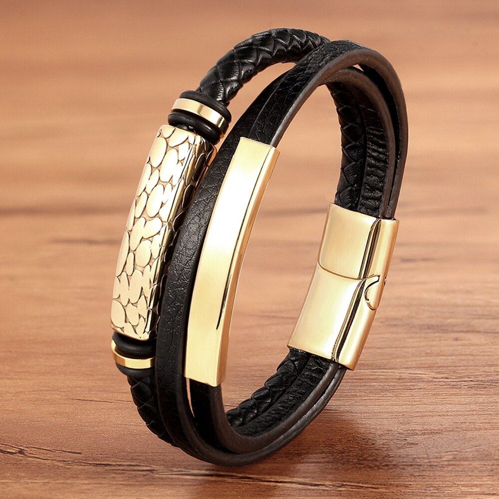 Trendy Men Charm Braided Leather Bracelets Stainless Steel Magnetic Clasp Rope Women Jewelry Men Wrist Band Bangles: Gold