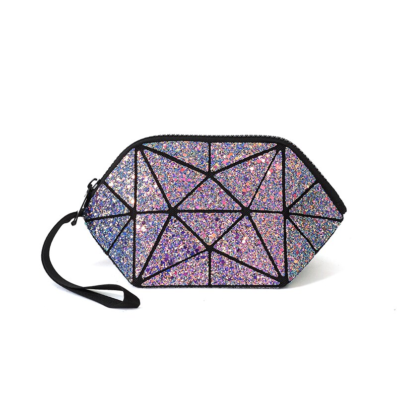 reflective geometric cosmetic bag for women: purple glitter