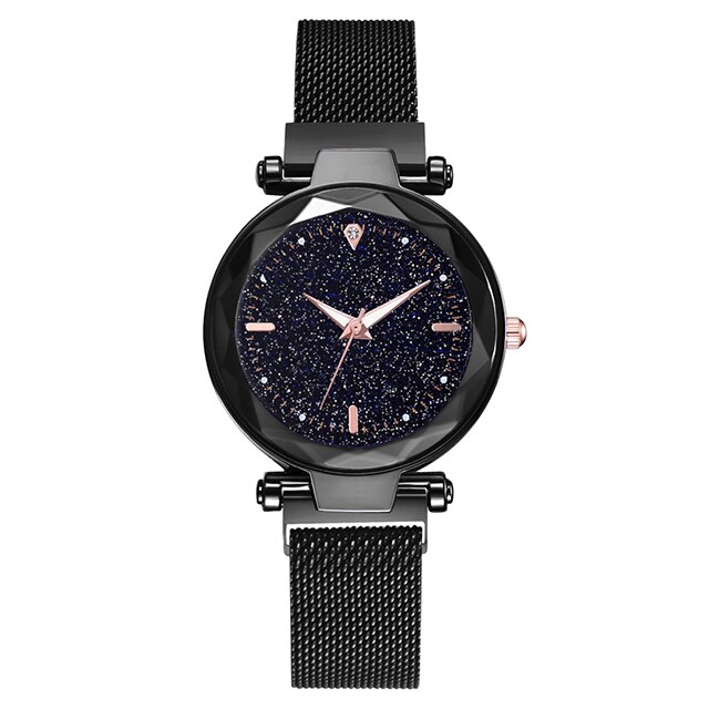 Luxe vrouwen Magnetische Horloges Dames Prisma oppervlak Sterrenhemel Klok Armband Quartz Horloges Relogio Feminino: Black