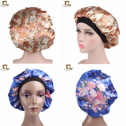 Women Satin Night Sleep Cap Hair Bonnet Hat Silk Head Cover Print Wide Elastic Band
