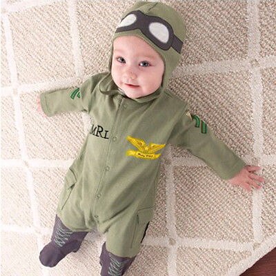 2 Pcs Summer Autumn Baby Kids Boy Infant Pilot Letter Printed Cotton Romper+Cap Jumpsuit Outfits Set Clothes 6-24M