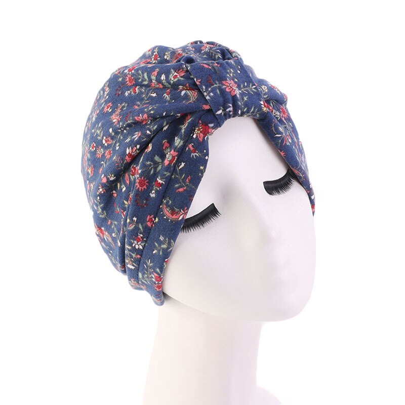 Elastische katoenen tulband hoed bloemenprint dames warme hoofddoek muts binnen hijabs muts moslim hijab vrouwelijke wikkel hoofd: Marineblauw