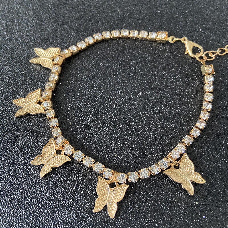 Pulsera tobillera de mariposa para mujer, brazalete de Color dorado con diamantes de imitación, para pierna, Accesorios de playa, joyería para el tobillo: Gold