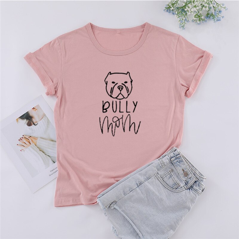 Camiseta de manga corta con cuello redondo para mujer, camisa UNISEX con estampado de Bully dog mom, 100% algodón, Harajuku,: M / nude