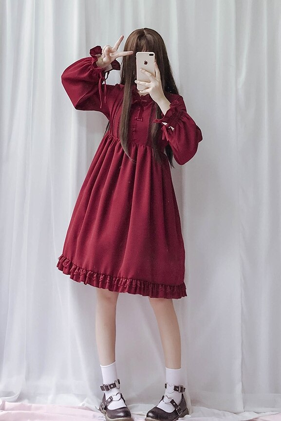 Lolita klänning söt söt puffärm japansk kawaii flickor prinsessa hembiträde vintage lös kvinnor op dress rosett rund krage