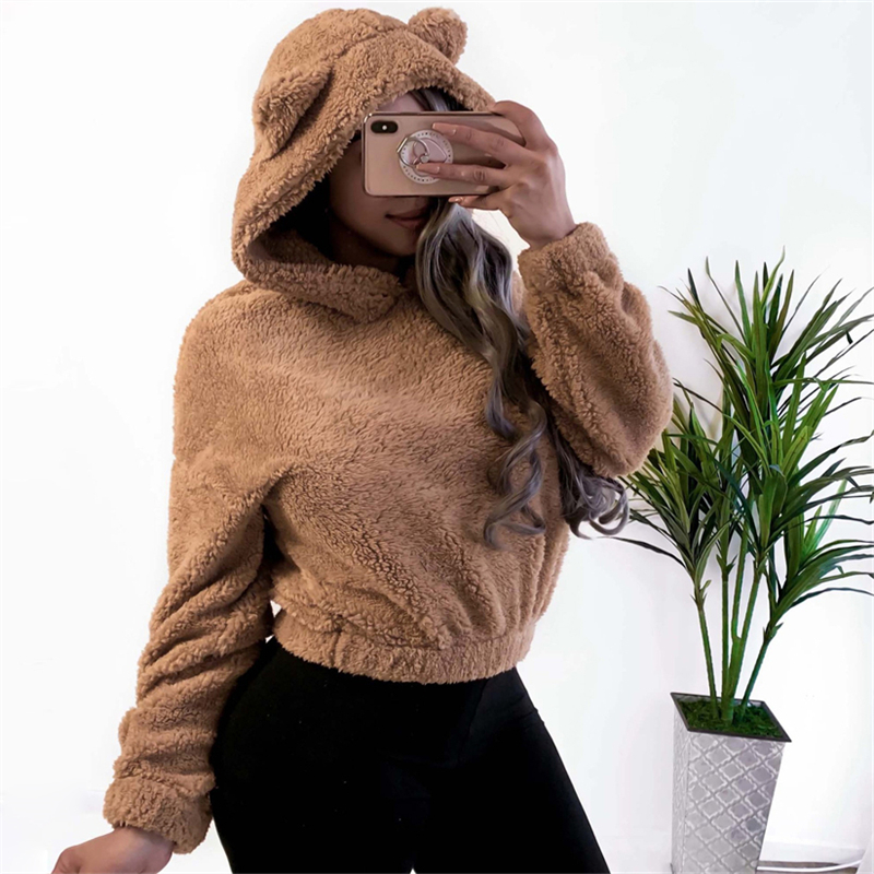 Hiver coréenne oreilles d'ours mignon sweat à capuche ample moelleux à capuche sweat à manches longues haut solide pull vêtements pour les femmes