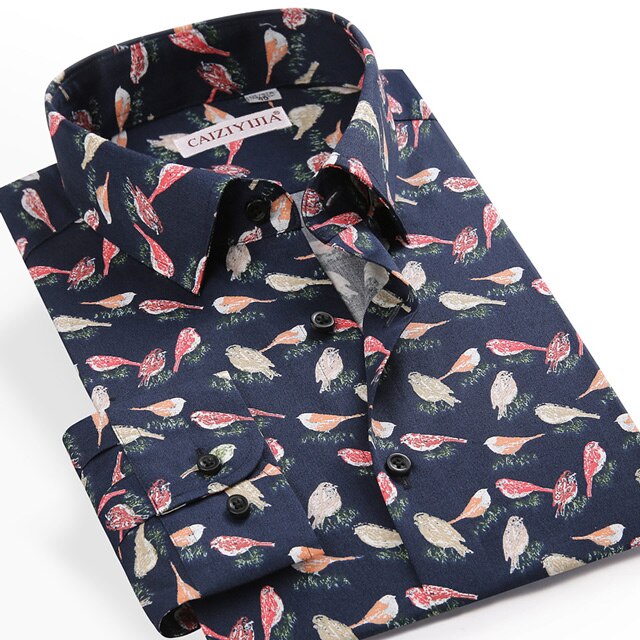 Homme Oiseau Imprimant Partout Décontracté Plage Hawaïenne Chemises Poche sans Manches Longues coupe Standard Fleurs Coton Chemise: Marine Bleu / 42