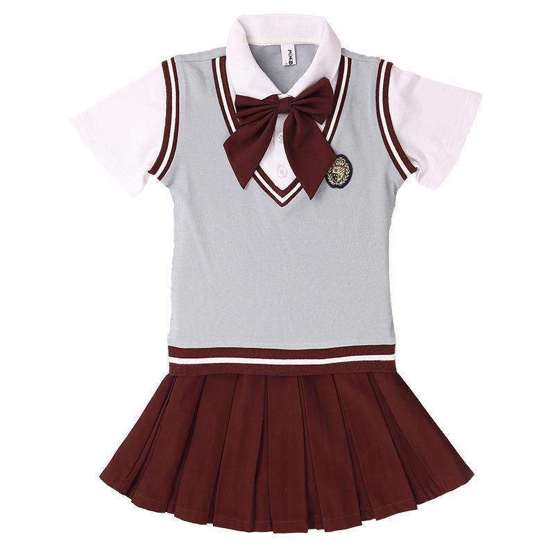 British School Uniform Children Short Sleeve Shirt Suit Pleated Skirt Kid Korean Japanese Kindergarten Class Clothing Set Outfit: girls set / 110cm height