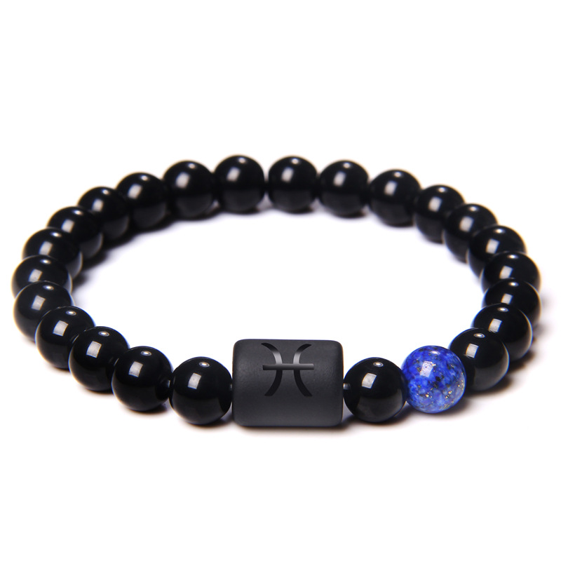 12 Constellation Zodiac Signs Beads Couples Bracelet Natural Black Onyx Stone Elastic Charm Bracelet for Women Men Birthday: cobalt violet
