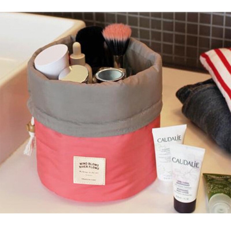 Women makeup bag Drawstring Cosmetic Bag Round Travel Organizer Make Up Case Storage Pouch Toiletry Beauty Kit Necessaries: red