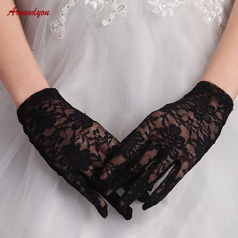 Wit Ivoor Zwart Kant Korte Bruiloft Handschoenen Avond Bridal Bruid Handschoenen