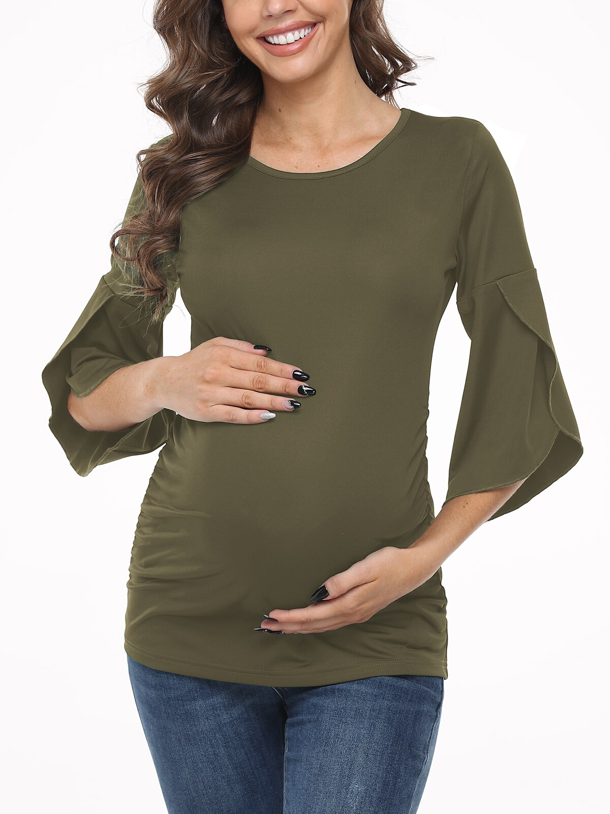 Liu&amp;Qu Womens Maternity Tops T-shirts Summer Pregnant Clothes Round Neck Petal Short Sleeve Shirts Pregnancy 2022: Army Green / L