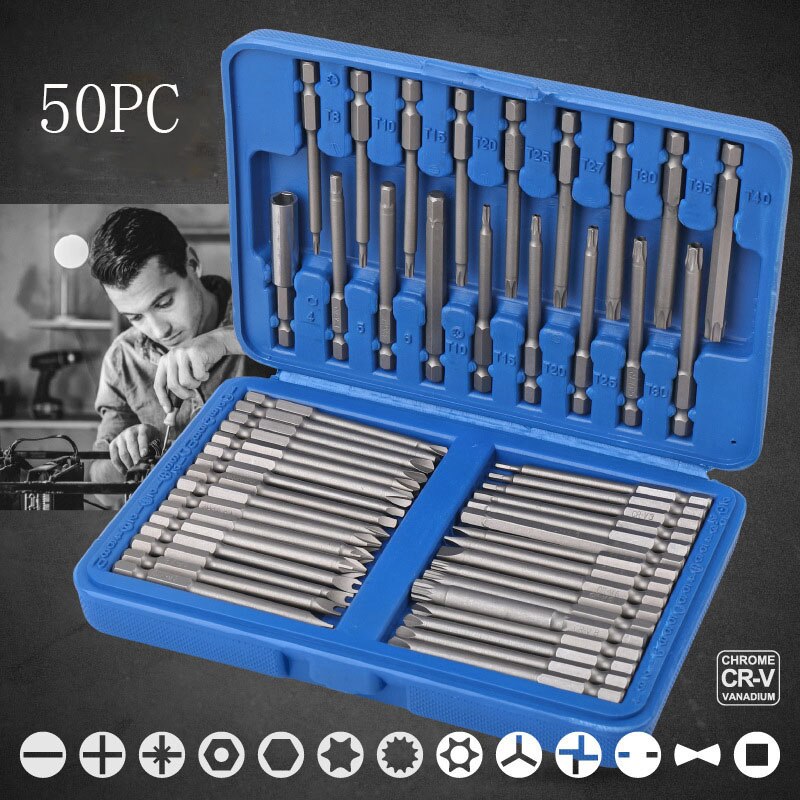 36/50pc 75mm Extra Long Magnetic Screwdriver Bit Set Security Head 1/4 Screwdriver Bits Kit Torx Star Hex Spline Bit Set: B