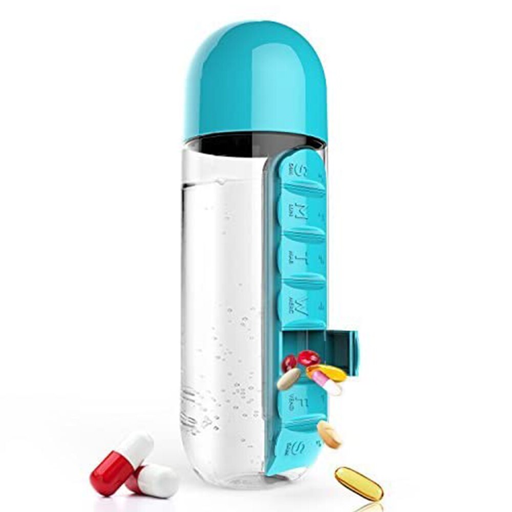 600Ml Sport Plastic Water Fles Combineren Dagelijks Pill Boxes Organisator Drinken Flessen Lekvrije Fles Tumbler Outdoor: Blue