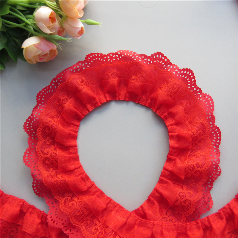 5 yards rött 3- lager veckat organza spetsband rynkade nättyg handgjorda bröllopsklänningar med spetskant sömnad 6.5cm