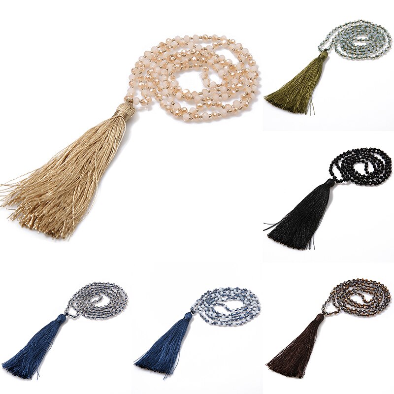 Boho Long Fringe Tassel Necklaces Women Glass Beads Crystal Statement Collar Bohemian Jewelry