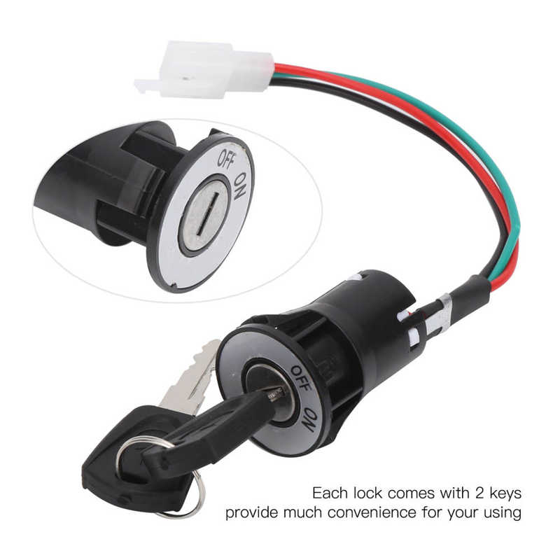 Ignition Switch Universal Ignition Starter Switch Three Power Cable Electric Bicycle Ignition Lock with Keys Barrel Switch