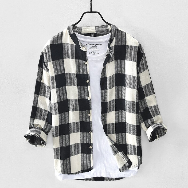 Camisa de manga 3/4 a cuadros para hombre, ropa clásica de lino y algodón, informal, Retro, Y3450, novedad de otoño,