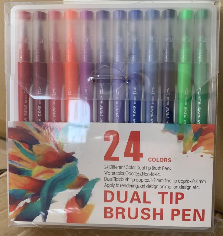 100 farger akvarell tusjer for tegning maleri akvarell kunst penselpenn vannfarging pensel penn dobbel spiss for skolen: 24 farger