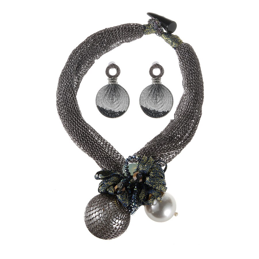 Meetvii Overdreven Grote Gesimuleerde Parel Bal Hanger Ketting Oorbellen Voor Vrouwen Gothic Gaas Touw Verklaring Sieraden Set: Grey