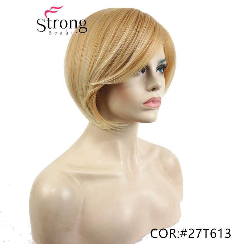 StrongBeauty Kurze Gerade Braun Hervorgehoben Bob Seite Gefegt Pony Synthetische Perücke FARBE ENTSCHEIDUNGEN: H4595 27T33