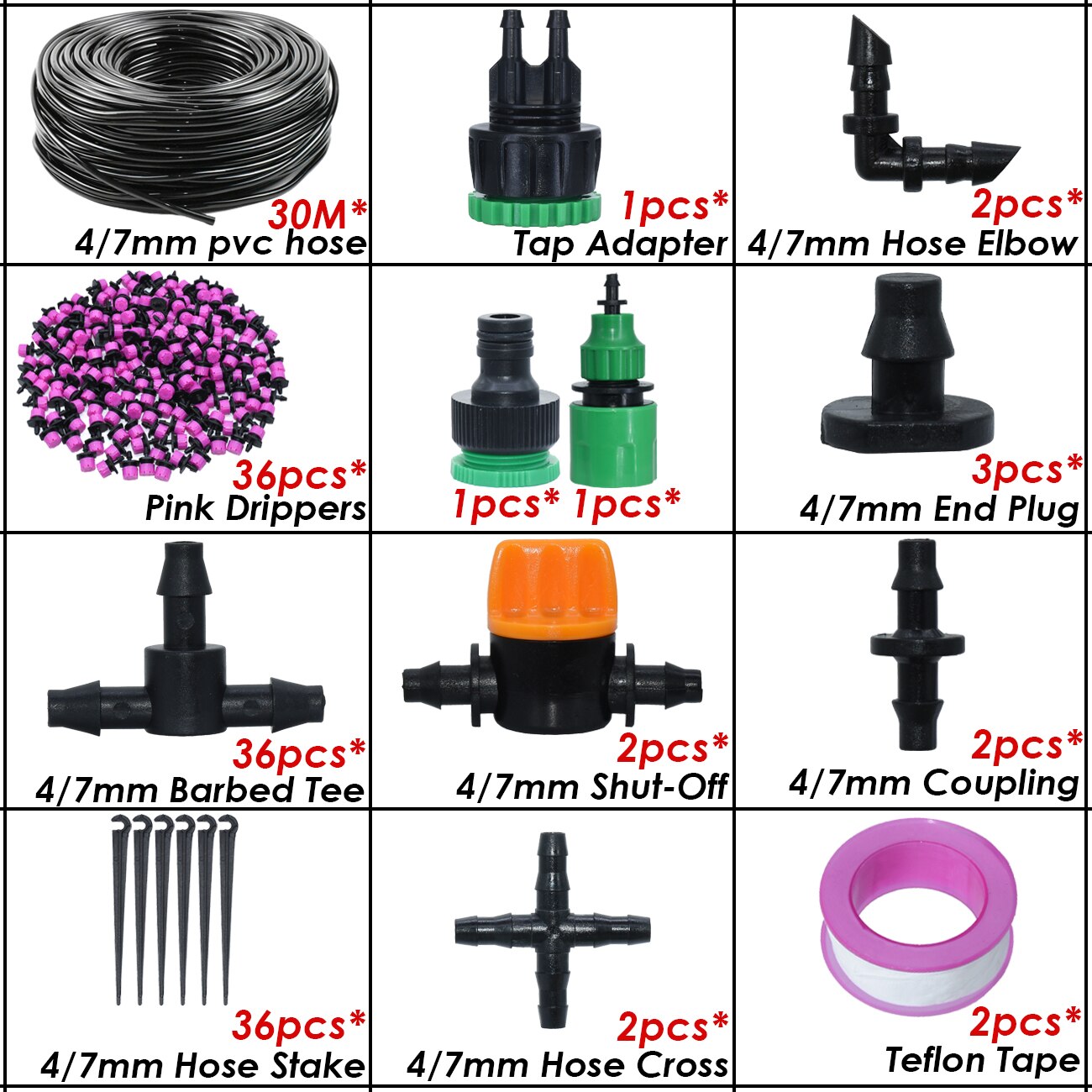 Kit d&#39;arrosage automatique goutte-à-goutte pour serre, 10-50M, 1/4 &#39;&#39;, système d&#39;irrigation, tuyau 4/7mm, buses de brouillard en laiton pour jardin, maison, plante en pot: KSL01-KIT351B-30M