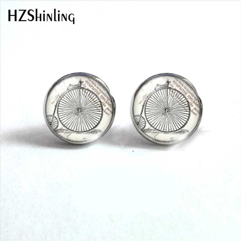 Pendientes de tuerca de vidrio de acero inoxidable para bicicleta, joyería de de oreja de cabujón de vidrio, libro de flores Vintage: Blanco / Color amarillo dorado claro
