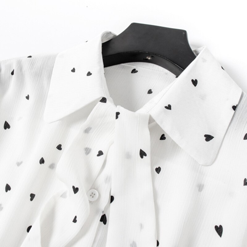 Gcarol kvinder sløjfe lille kærlighed trykt ol skjorte hvid sød chiffon bluse forår sommer basic perfekt toppe tøj