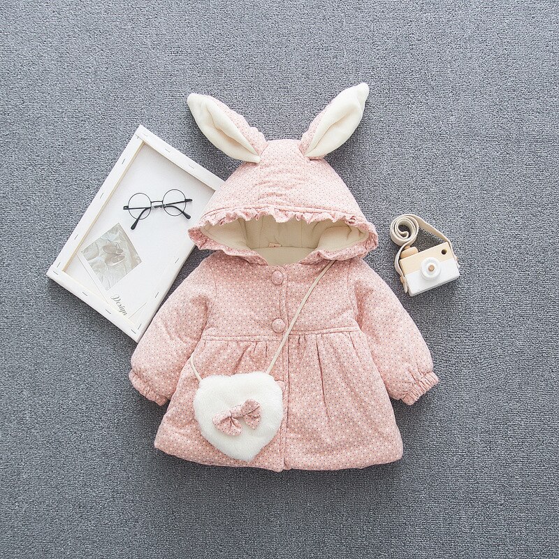 Baby pige vinterfrakke bunny pels hætteklædt tykkere velet flora parkas sne slid toddler spædbarn tøj