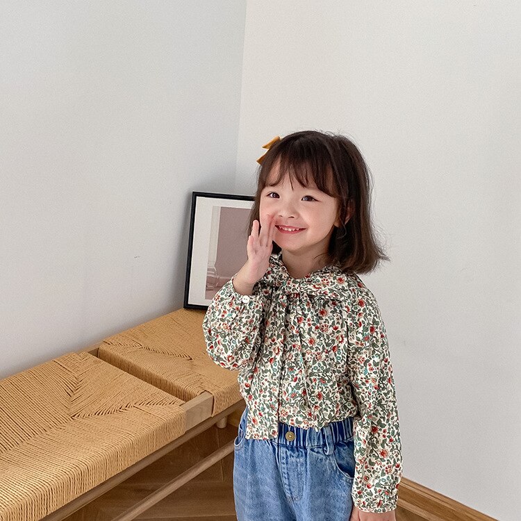 Herfst Schattige Meisjes Casual Bloemen Strik Frenal Mode Shirts Pastorale Stijl Lange Mouwen