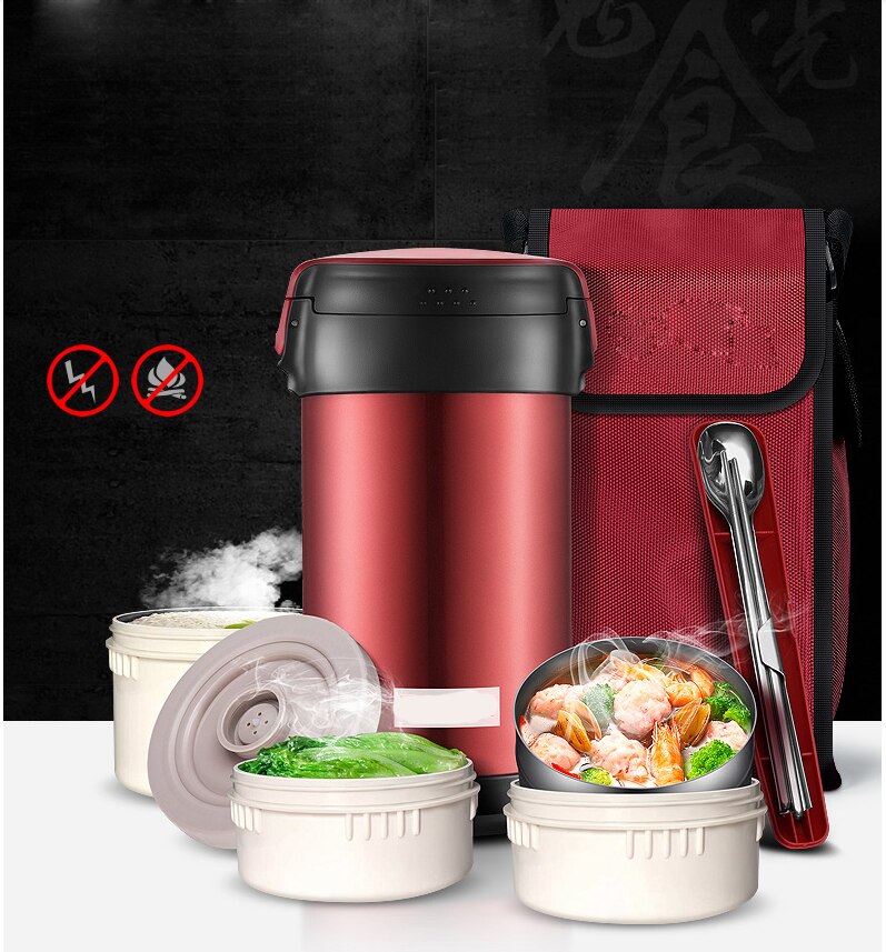 Double-Wall Vacuum Lunch Box 24 Hours Insulation Food Container Adult Kids Thermos Bucket Free Heat Preservation Bag and Spoon