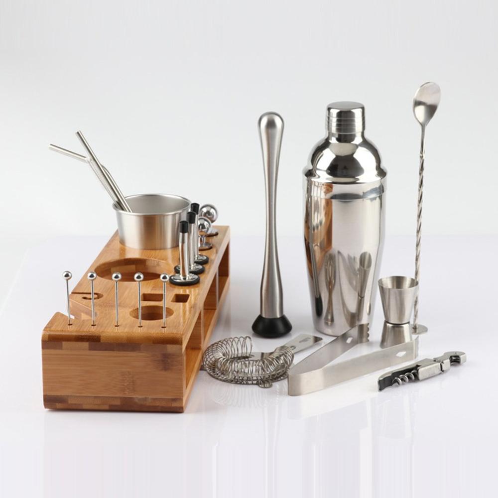 23pcs Stainless Steel Cocktail Shaker Set Barware Kit with Square Wooden Rack for Bartender Drink Party Bar Tools